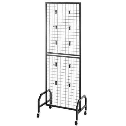 Grid Wall Panel, 600 x 1640 mm Wire Grid Panels Display Rack, Movable Art Display Shelf with Wheels and 10 Hooks, Black Carbon Steel Gridwall for Craft Show, Decoration, Storage, Notice Board