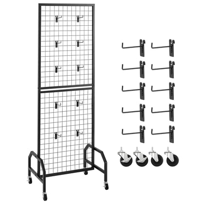 Grid Wall Panel, 600 x 1640 mm Wire Grid Panels Display Rack, Movable Art Display Shelf with Wheels and 10 Hooks, Black Carbon Steel Gridwall for Craft Show, Decoration, Storage, Notice Board