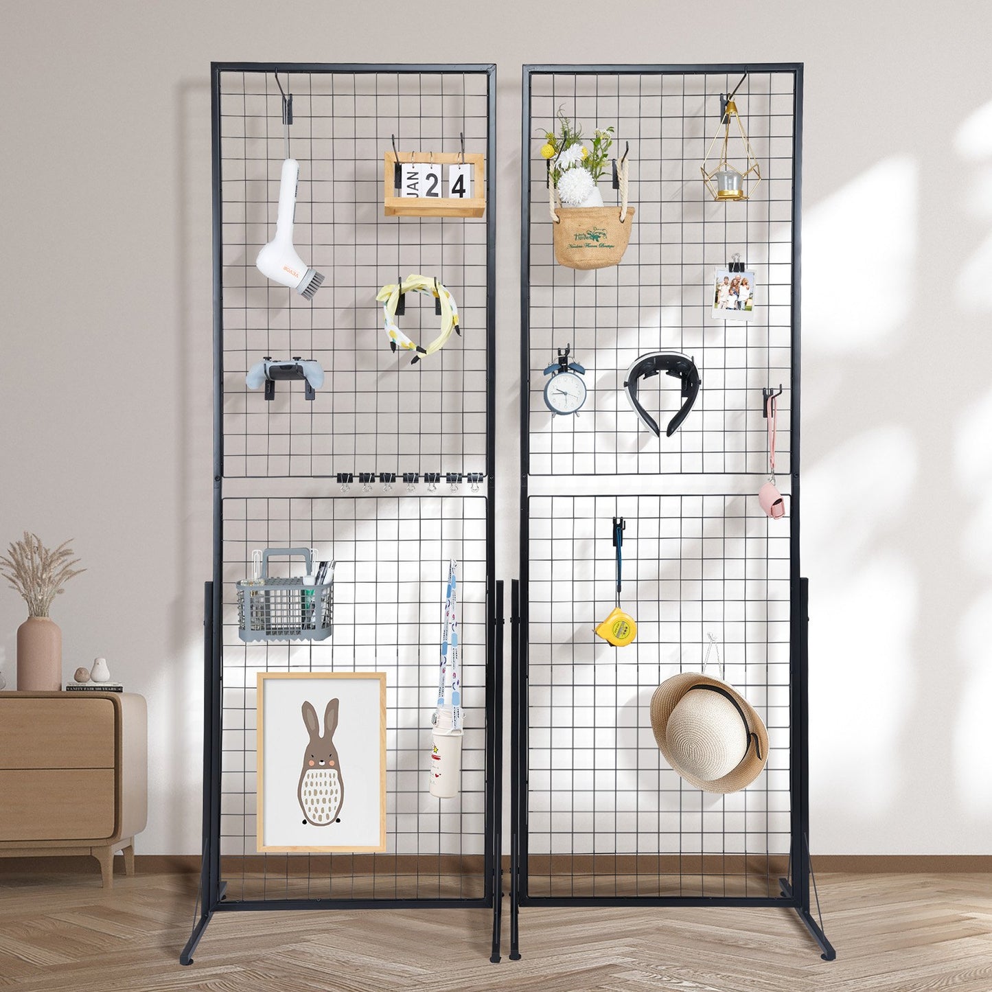 61 x170.7 cm Grid Wall Panels Tower, 2 Packs Wire Gridwall Display Racks with T-Base Floorstanding, Double Side Gridwall Panels for Art Craft Shows, Retail Display with Extra Clips and Hooks