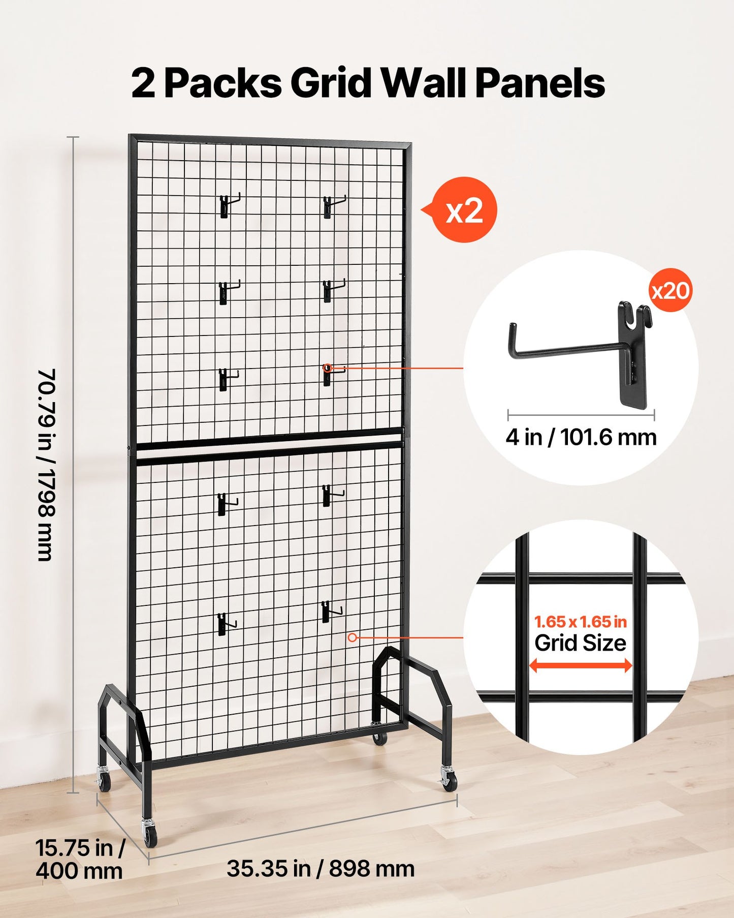 2 Packs Grid Wall Panels, 898 x 1798 mm Wire Grid Panels Display Rack, Movable Art Display Shelf with Wheels & 10 Hooks, Black Carbon Steel Gridwall for Craft Show, Decor, Storage, Notice Board