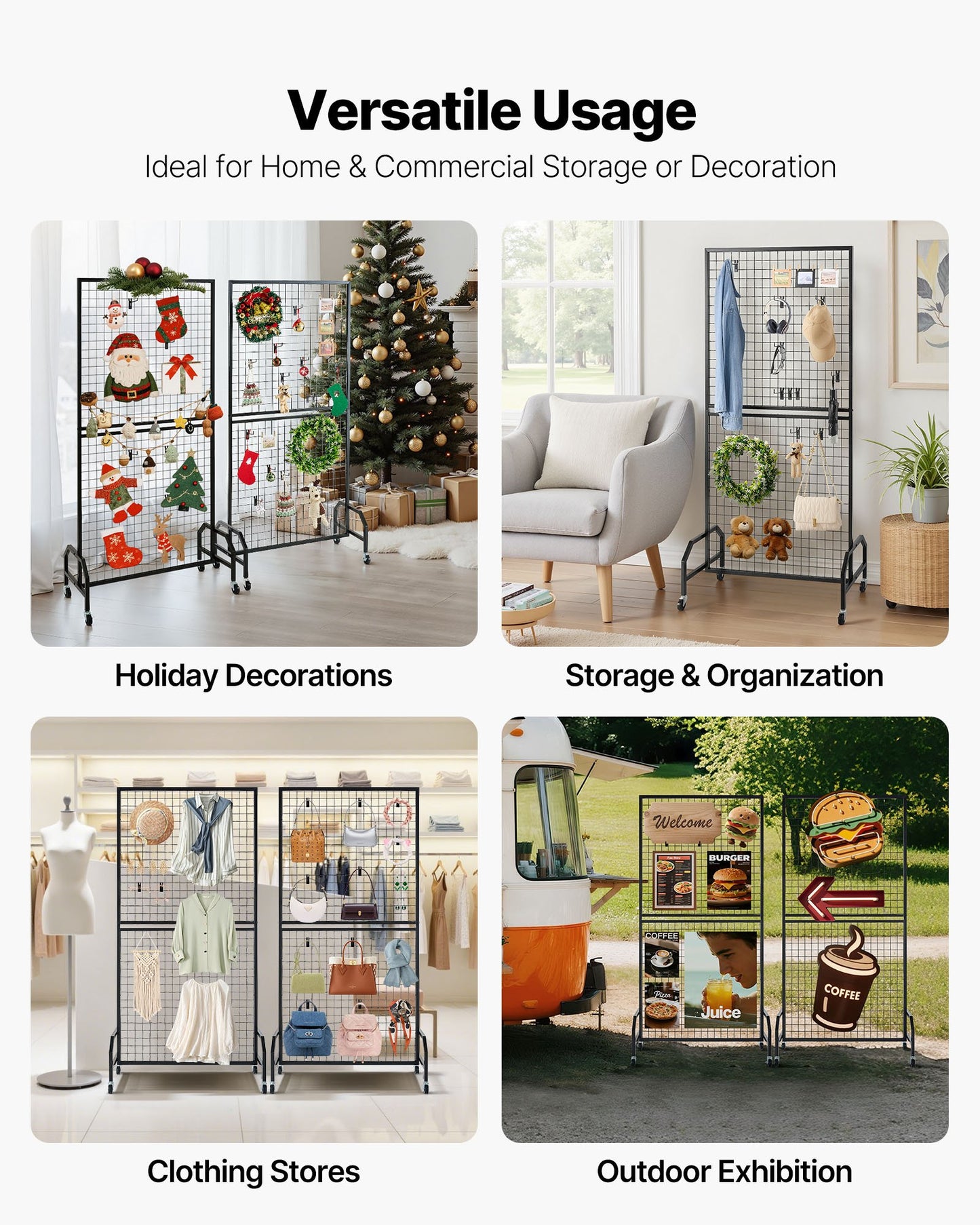 2 Packs Grid Wall Panels, 898 x 1798 mm Wire Grid Panels Display Rack, Movable Art Display Shelf with Wheels & 10 Hooks, Black Carbon Steel Gridwall for Craft Show, Decor, Storage, Notice Board