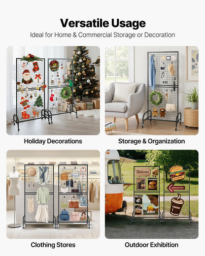 2 Packs Grid Wall Panels, 898 x 1798 mm Wire Grid Panels Display Rack, Movable Art Display Shelf with Wheels & 10 Hooks, Black Carbon Steel Gridwall for Craft Show, Decor, Storage, Notice Board