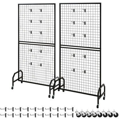 2 Packs Grid Wall Panels, 898 x 1798 mm Wire Grid Panels Display Rack, Movable Art Display Shelf with Wheels & 10 Hooks, Black Carbon Steel Gridwall for Craft Show, Decor, Storage, Notice Board