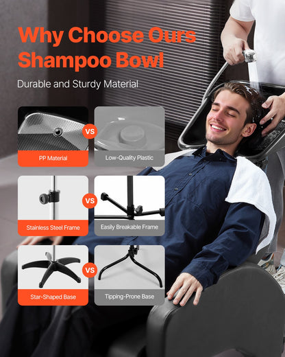 Portable Shampoo Bowl, Shampoo Sink with Adjustable Height & Angle, Salon Hair Wash Sink with Drain Hose and Star-Shaped Support Base for Barbershop Beauty Spa Center Home Use