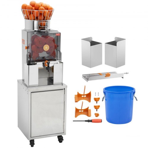 Gewerbliche Orangenpresse, 120 W, automatischer Entsafter mit Wasserhahn, Edelstahl-Entsafter, 25 Orangen/Minute, mit herausnehmbarem Filterfach, PC-Abdeckung, 3 Schalenauffangbehältern