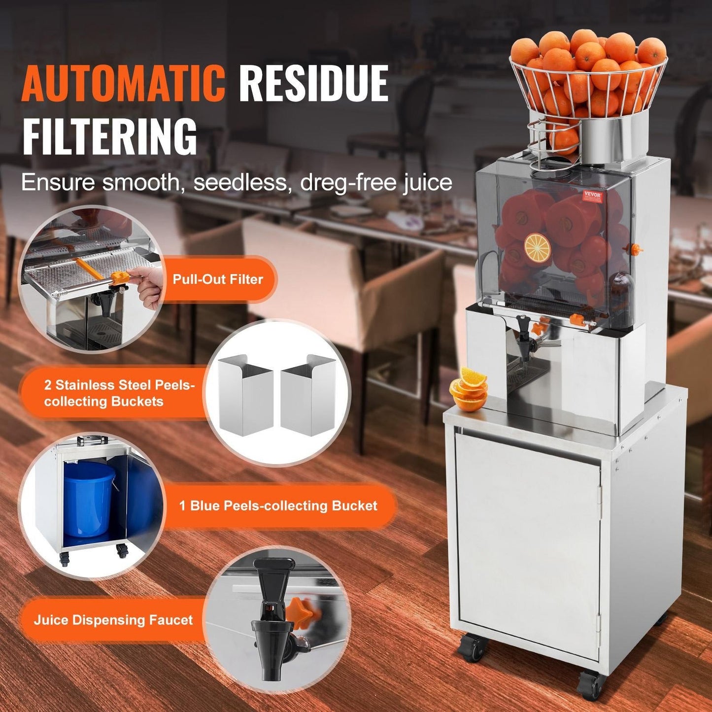 Gewerbliche Orangenpresse, 120 W, automatischer Entsafter mit Wasserhahn, Edelstahl-Entsafter, 25 Orangen/Minute, mit herausnehmbarem Filterfach, PC-Abdeckung, 3 Schalenauffangbehältern