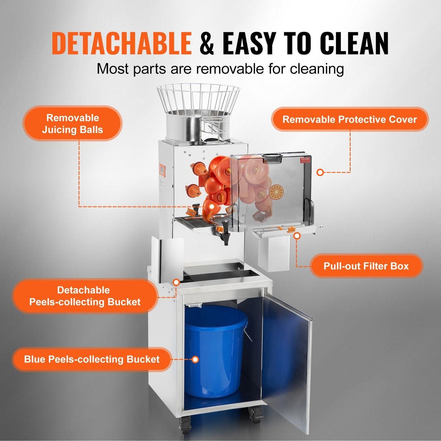 Gewerbliche Orangenpresse, 120 W, automatischer Entsafter mit Wasserhahn, Edelstahl-Entsafter, 25 Orangen/Minute, mit herausnehmbarem Filterfach, PC-Abdeckung, 3 Schalenauffangbehältern