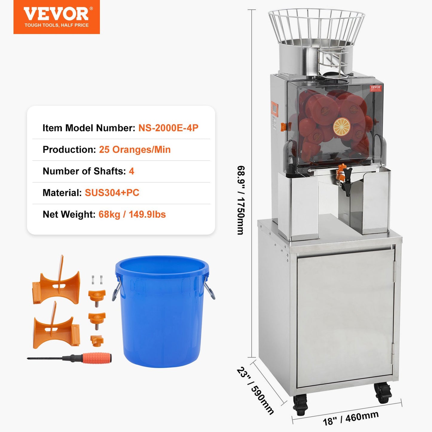 Gewerbliche Orangenpresse, 120 W, automatischer Entsafter mit Wasserhahn, Edelstahl-Entsafter, 25 Orangen/Minute, mit herausnehmbarem Filterfach, PC-Abdeckung, 3 Schalenauffangbehältern