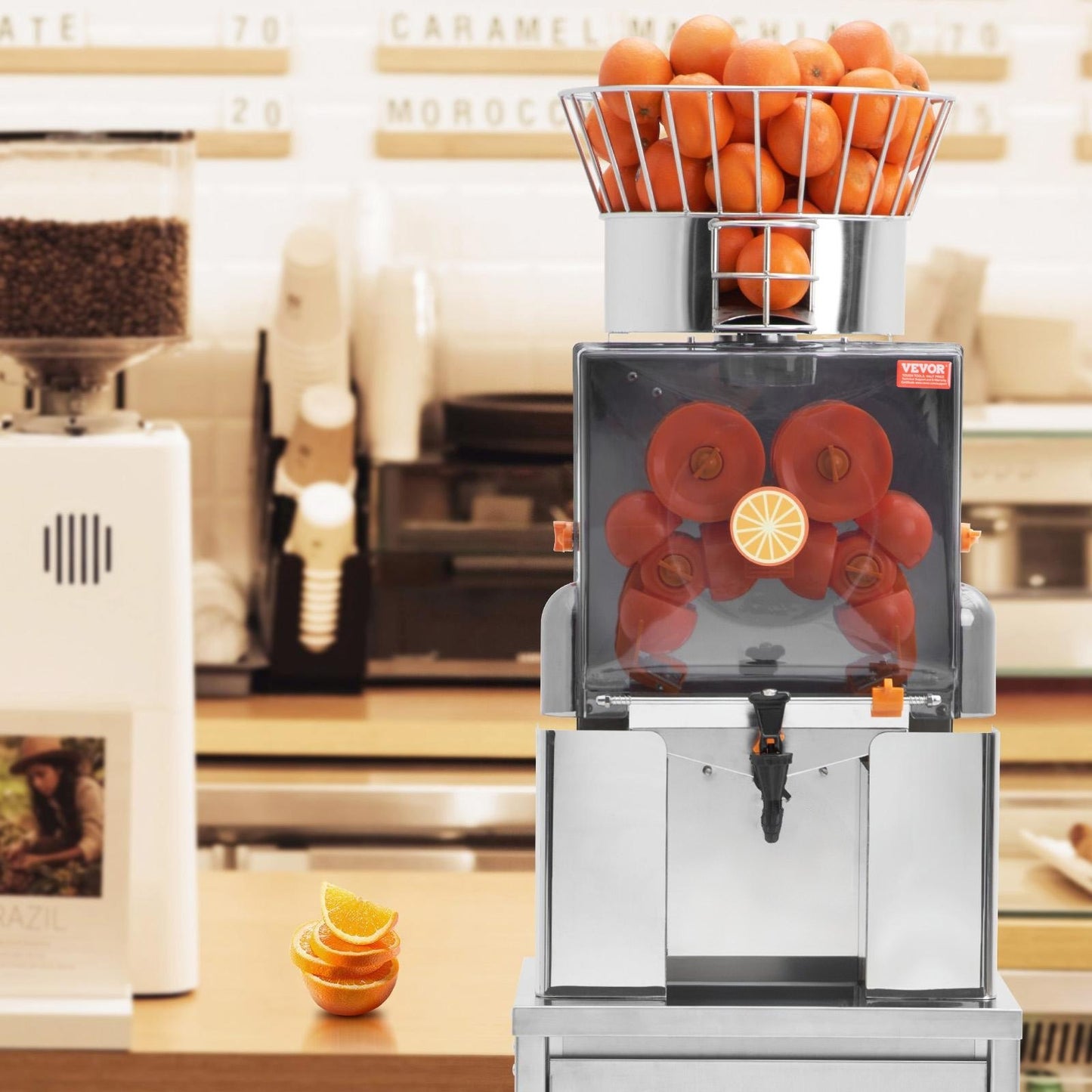 Gewerbliche Orangenpresse, 120 W, automatischer Entsafter mit Wasserhahn, Edelstahl-Entsafter, 25 Orangen/Minute, mit herausnehmbarem Filterfach, PC-Abdeckung, 3 Schalenauffangbehältern