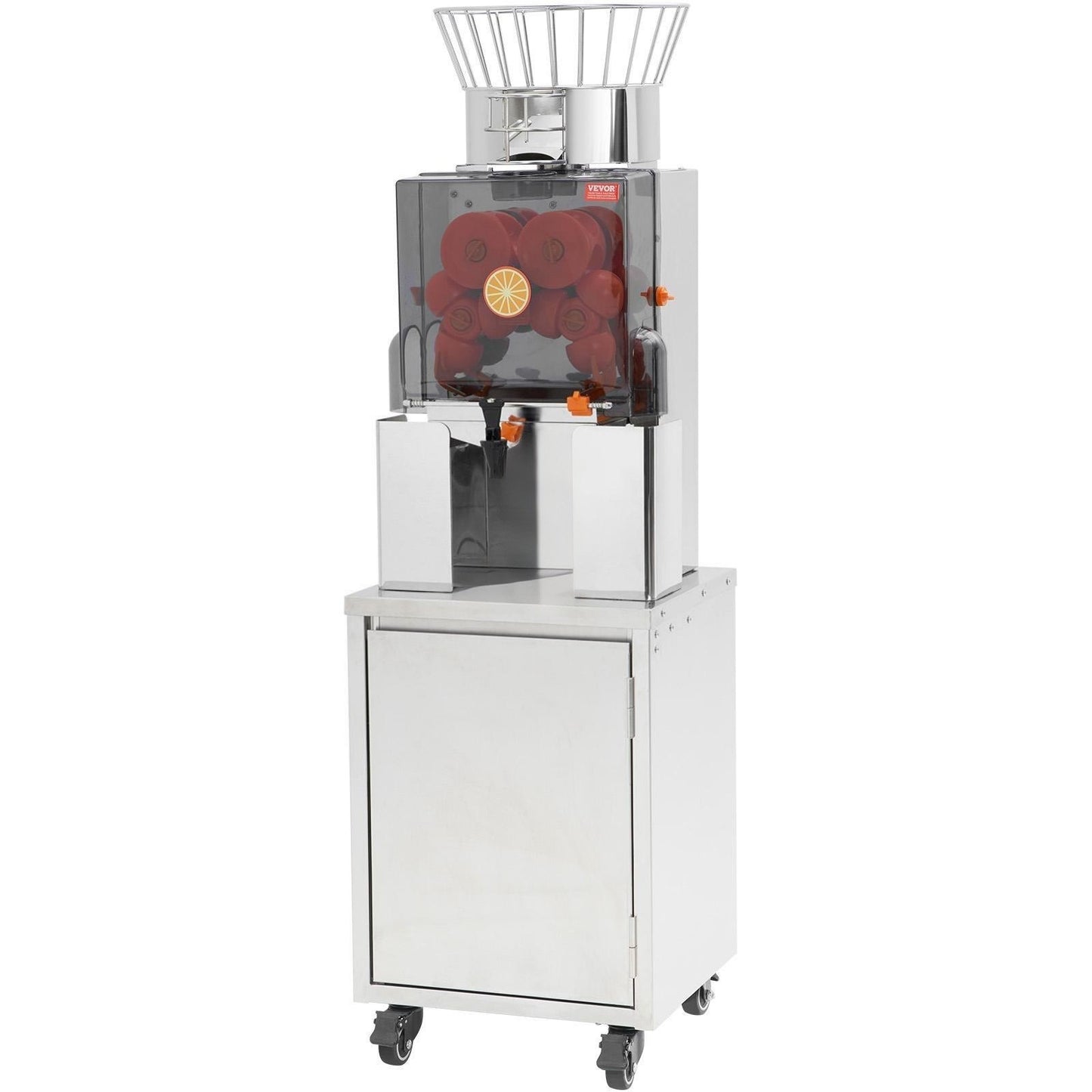 Gewerbliche Orangenpresse, 120 W, automatischer Entsafter mit Wasserhahn, Edelstahl-Entsafter, 25 Orangen/Minute, mit herausnehmbarem Filterfach, PC-Abdeckung, 3 Schalenauffangbehältern