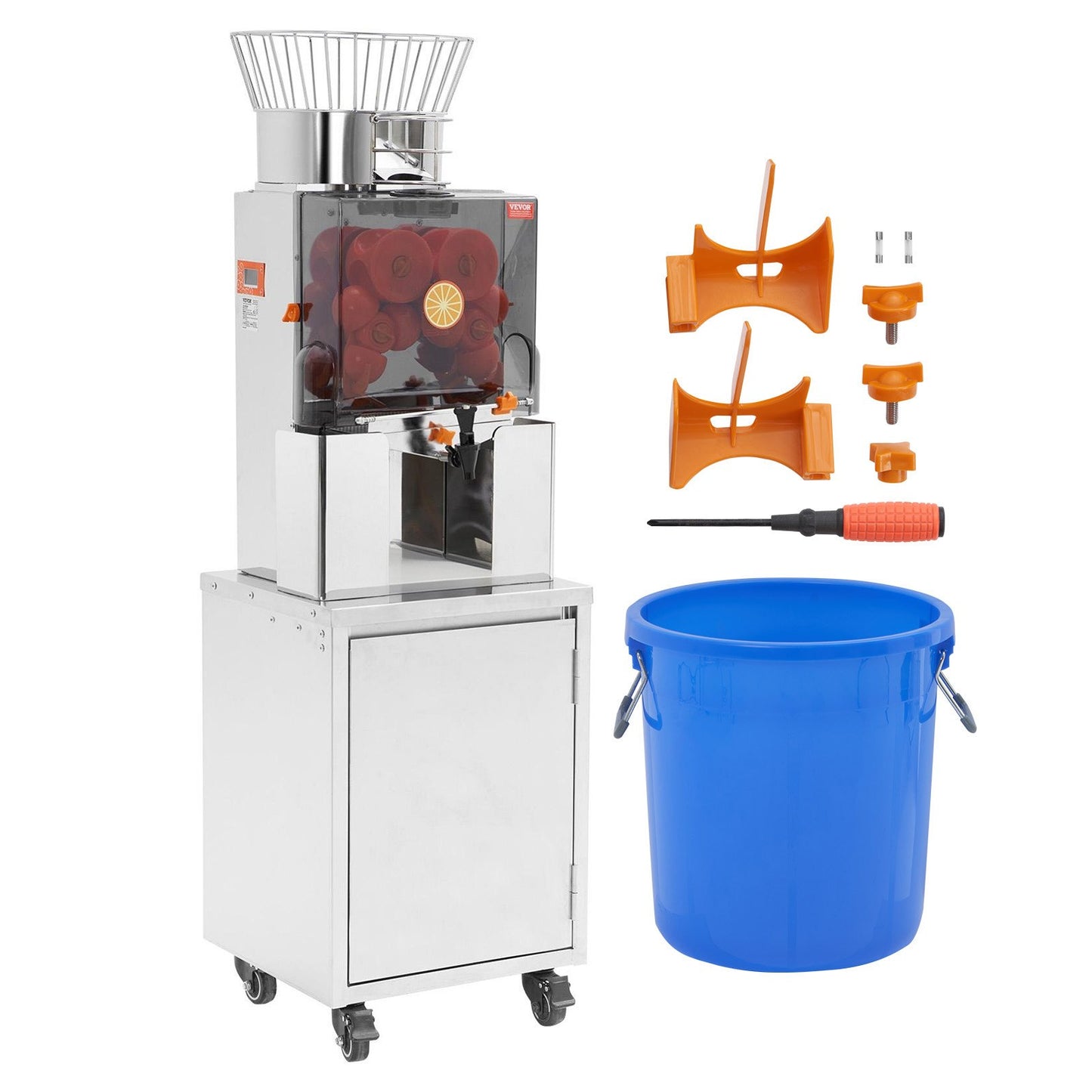 Gewerbliche Orangenpresse, 120 W, automatischer Entsafter mit Wasserhahn, Edelstahl-Entsafter, 25 Orangen/Minute, mit herausnehmbarem Filterfach, PC-Abdeckung, 3 Schalenauffangbehältern