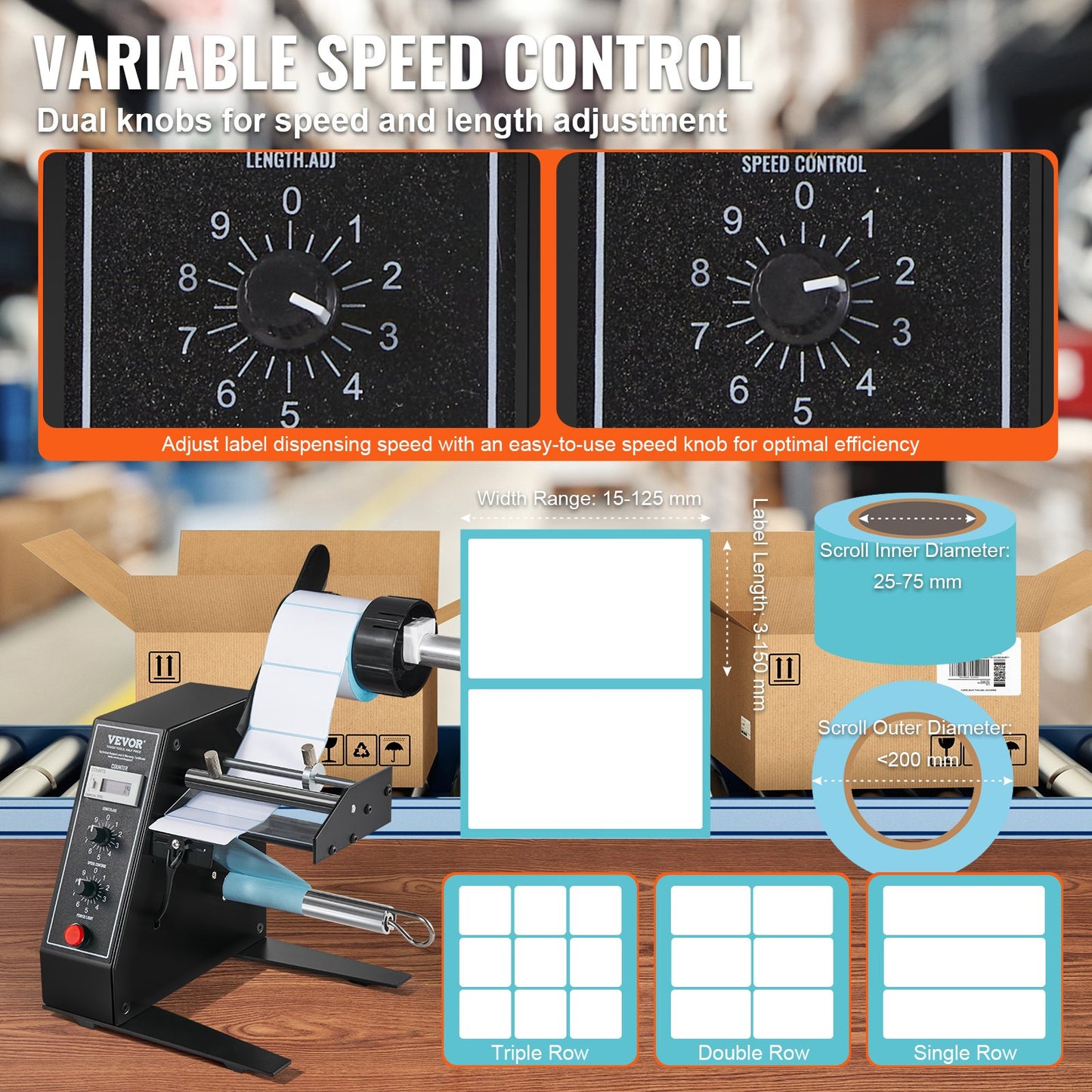Automatischer Etikettenspender, Breite 15–125 mm, Länge 3–150 mm, automatische Etikettenabstreif- und -trennmaschine, Etikettiergeschwindigkeit einstellbar, automatische Zählung 0–999999