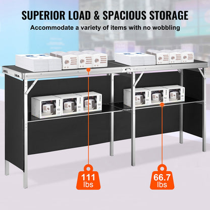 Portable Tradeshow Podium Table, 1980 x 385 x 880 mm, Display Exhibition Counter Stand Booth Fair with Wall, Foldable Promotion Retail Bar Table Podium with Storage Rack and Carrying Bag