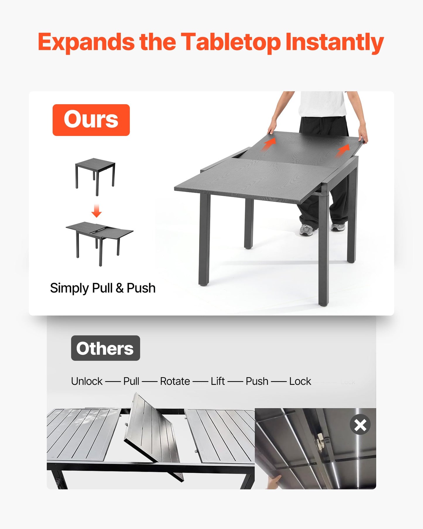 Expandable Outdoor Patio Dining Table, 80-160cm Rectangular Backyard Bistro Tables for 4-6, Aluminum Frame Metal Steel Slat , All-Weather Large Furniture for Lawn Garden Porch, Dark Gray