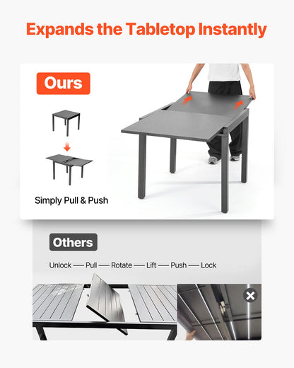 Expandable Outdoor Patio Dining Table, 80-160cm Rectangular Backyard Bistro Tables for 4-6, Aluminum Frame Metal Steel Slat , All-Weather Large Furniture for Lawn Garden Porch, Dark Gray