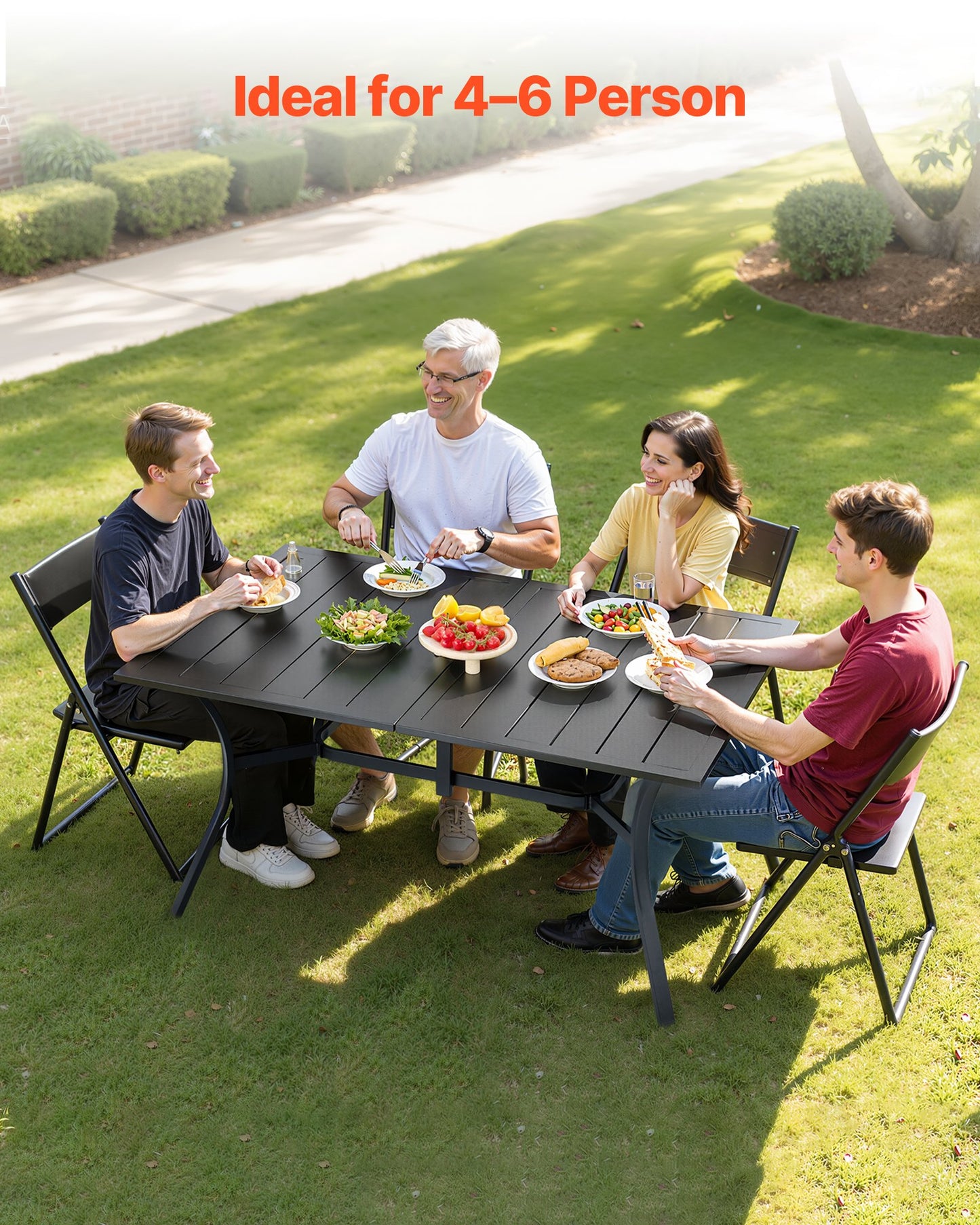 Outdoor Patio Dining Table, 150cm Long Rectangular Metal Steel Slat Backyard Bistro Tables for 4-6, with 38mm Umbrella Hole, All-Weather Large Furniture for Lawn Garden Porch, Black