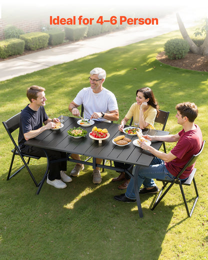 Outdoor Patio Dining Table, 150cm Long Rectangular Metal Steel Slat Backyard Bistro Tables for 4-6, with 38mm Umbrella Hole, All-Weather Large Furniture for Lawn Garden Porch, Black