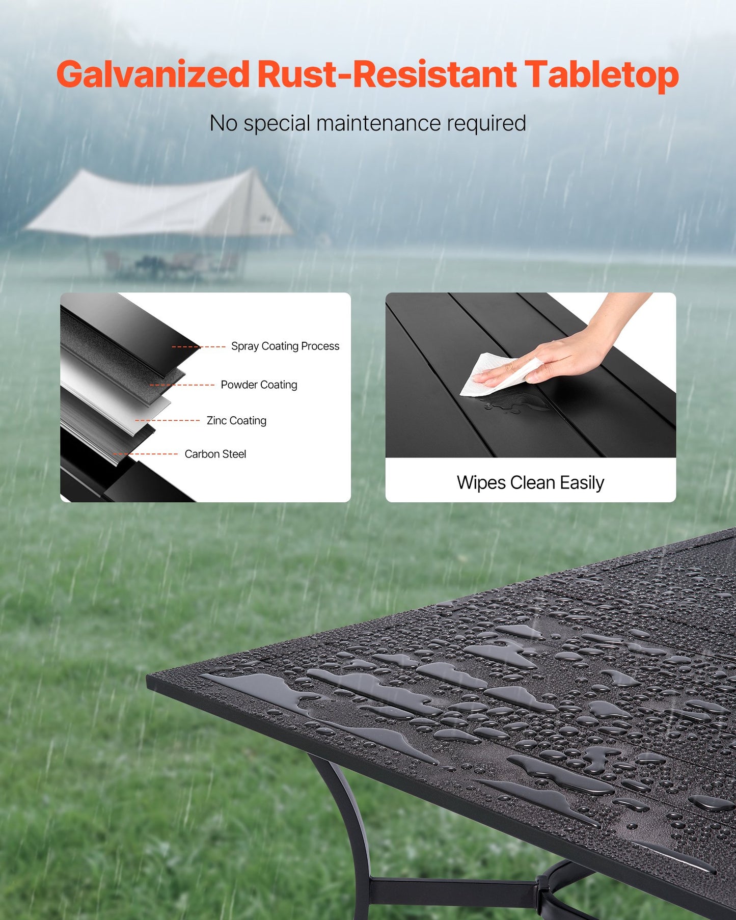 Outdoor Patio Dining Table, 150cm Long Rectangular Metal Steel Slat Backyard Bistro Tables for 4-6, with 38mm Umbrella Hole, All-Weather Large Furniture for Lawn Garden Porch, Black