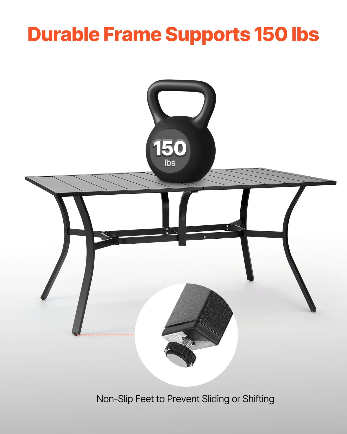 Outdoor Patio Dining Table, 150cm Long Rectangular Metal Steel Slat Backyard Bistro Tables for 4-6, with 38mm Umbrella Hole, All-Weather Large Furniture for Lawn Garden Porch, Black