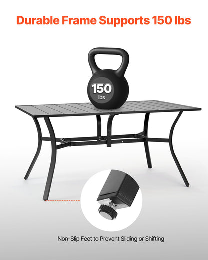 Outdoor Patio Dining Table, 150cm Long Rectangular Metal Steel Slat Backyard Bistro Tables for 4-6, with 38mm Umbrella Hole, All-Weather Large Furniture for Lawn Garden Porch, Black