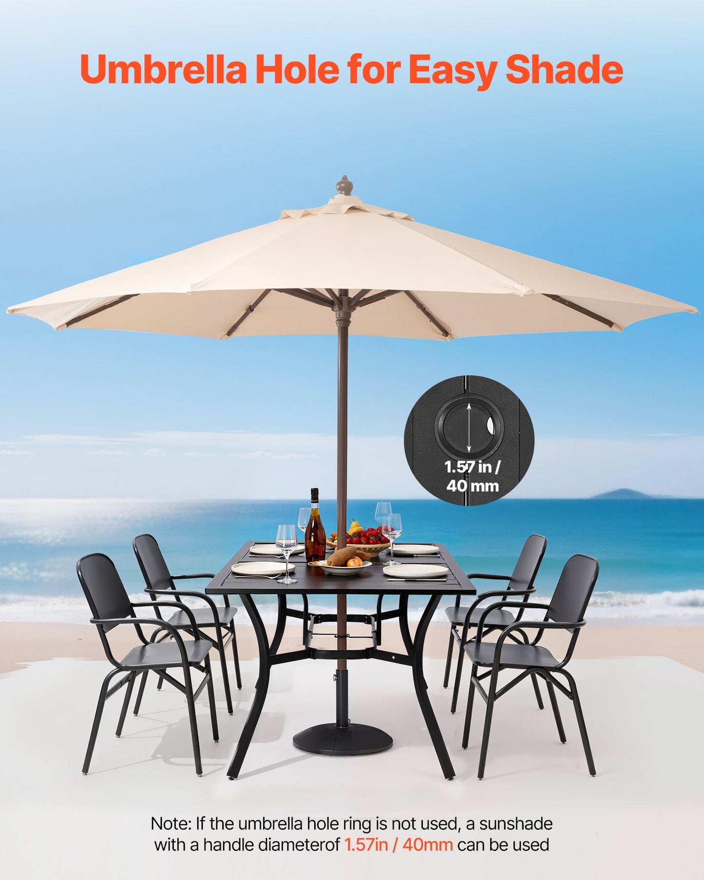 Outdoor Patio Dining Table, 150cm Long Rectangular Metal Steel Slat Backyard Bistro Tables for 4-6, with 38mm Umbrella Hole, All-Weather Large Furniture for Lawn Garden Porch, Black