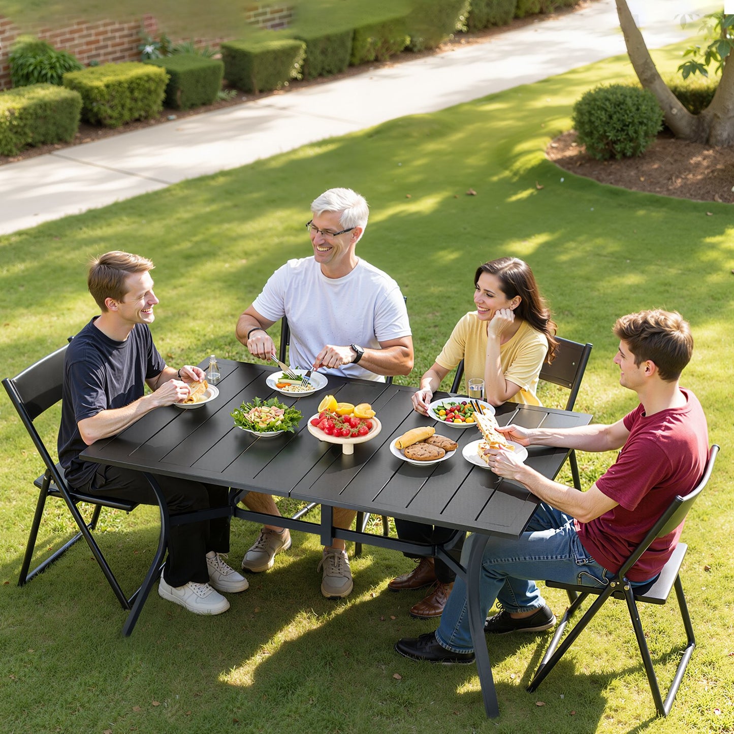Outdoor Patio Dining Table, 150cm Long Rectangular Metal Steel Slat Backyard Bistro Tables for 4-6, with 38mm Umbrella Hole, All-Weather Large Furniture for Lawn Garden Porch, Black