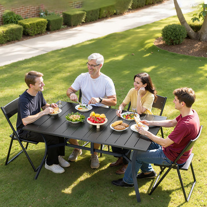 Outdoor Patio Dining Table, 150cm Long Rectangular Metal Steel Slat Backyard Bistro Tables for 4-6, with 38mm Umbrella Hole, All-Weather Large Furniture for Lawn Garden Porch, Black