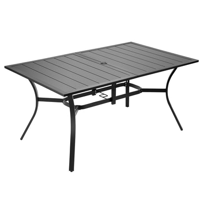 Outdoor Patio Dining Table, 150cm Long Rectangular Metal Steel Slat Backyard Bistro Tables for 4-6, with 38mm Umbrella Hole, All-Weather Large Furniture for Lawn Garden Porch, Black