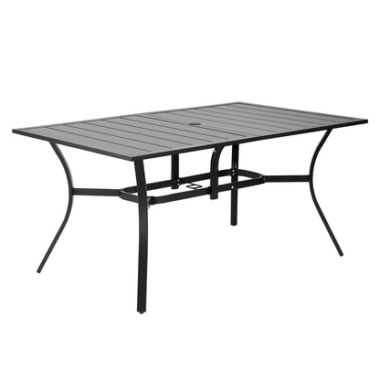 Outdoor Patio Dining Table, 150cm Long Rectangular Metal Steel Slat Backyard Bistro Tables for 4-6, with 38mm Umbrella Hole, All-Weather Large Furniture for Lawn Garden Porch, Black