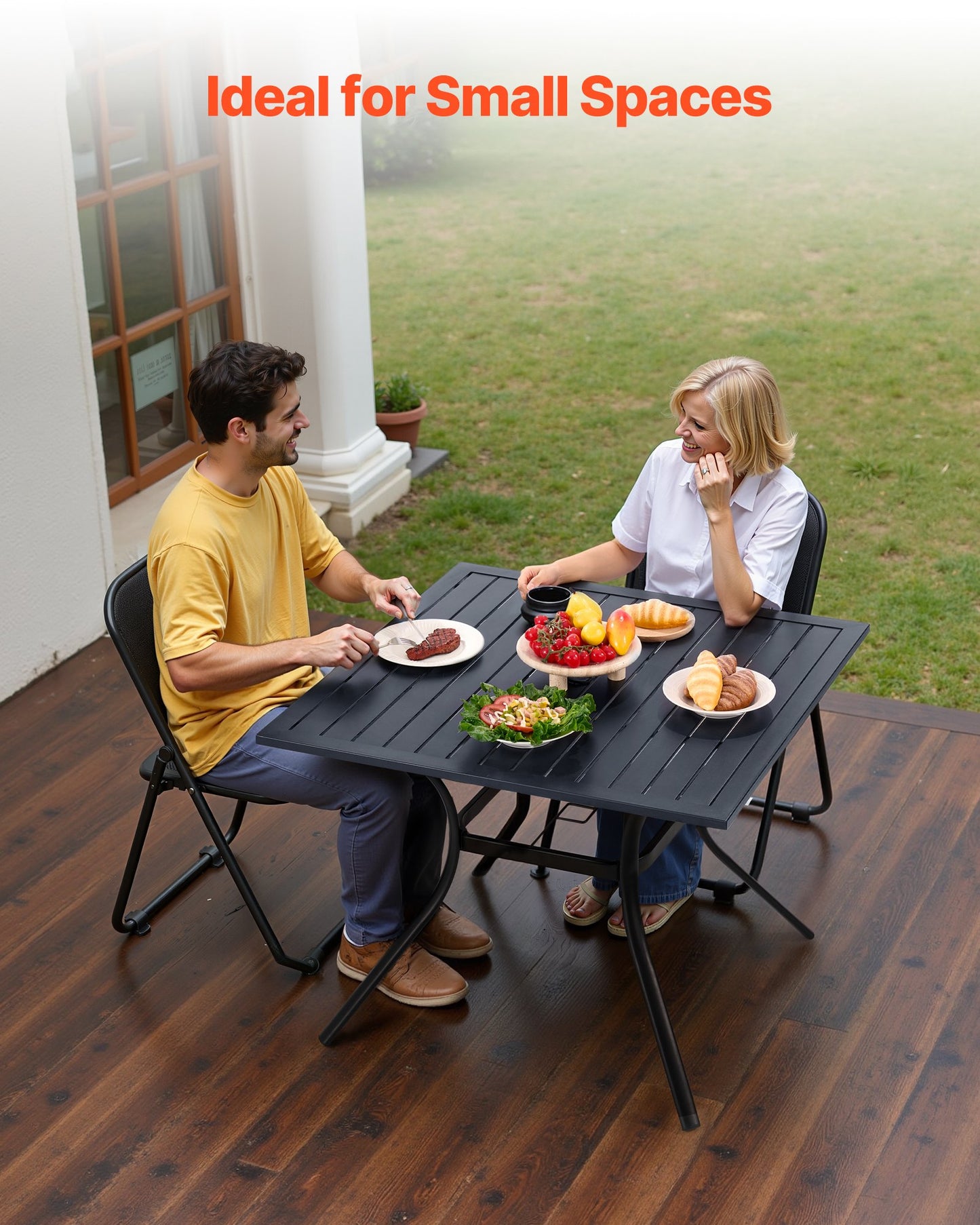 Gartentisch, quadratisch, 94 cm, Metall-Stahllatten, Bistrotisch für Terrasse und Garten, mit 38-mm-Schirmloch, wetterfest, schwarz