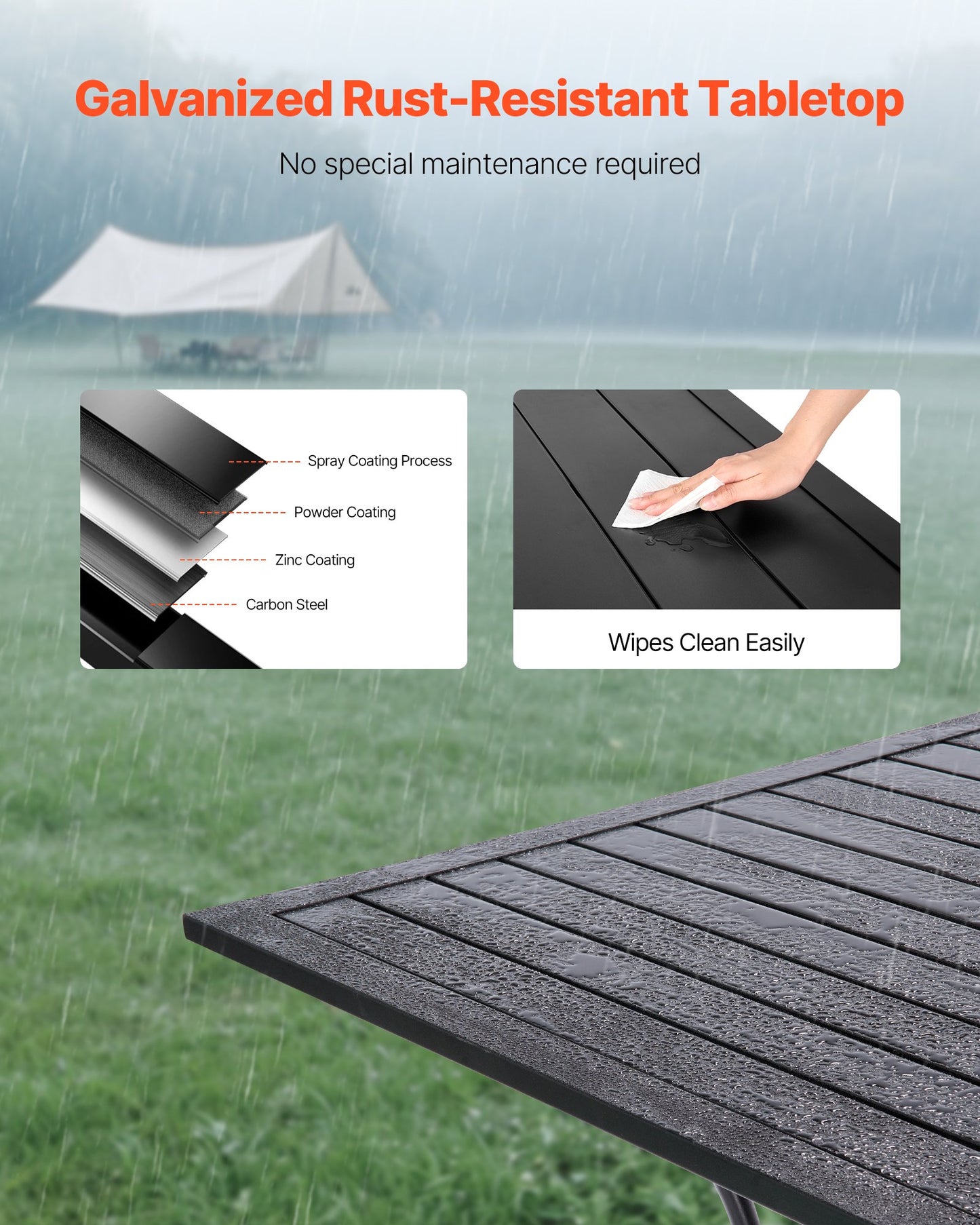 Gartentisch, quadratisch, 94 cm, Metall-Stahllatten, Bistrotisch für Terrasse und Garten, mit 38-mm-Schirmloch, wetterfest, schwarz