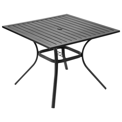 Gartentisch, quadratisch, 94 cm, Metall-Stahllatten, Bistrotisch für Terrasse und Garten, mit 38-mm-Schirmloch, wetterfest, schwarz
