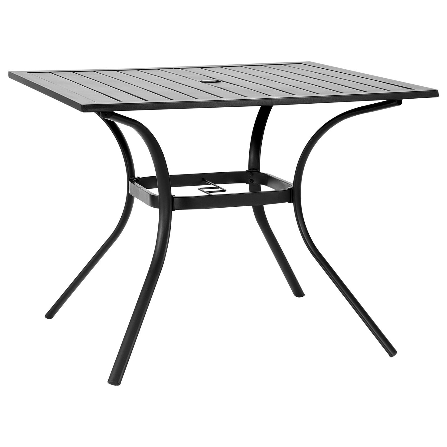Gartentisch, quadratisch, 94 cm, Metall-Stahllatten, Bistrotisch für Terrasse und Garten, mit 38-mm-Schirmloch, wetterfest, schwarz