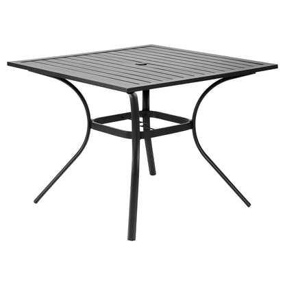 Gartentisch, quadratisch, 94 cm, Metall-Stahllatten, Bistrotisch für Terrasse und Garten, mit 38-mm-Schirmloch, wetterfest, schwarz