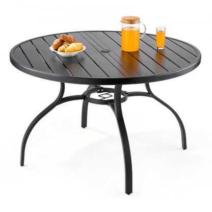 Outdoor Patio Dining Table, 120cm Round Metal Steel Slat Backyard Bistro Tables, with 38mm Umbrella Hole, Outside All-Weather Large Furniture for Lawn Garden Porch, Black