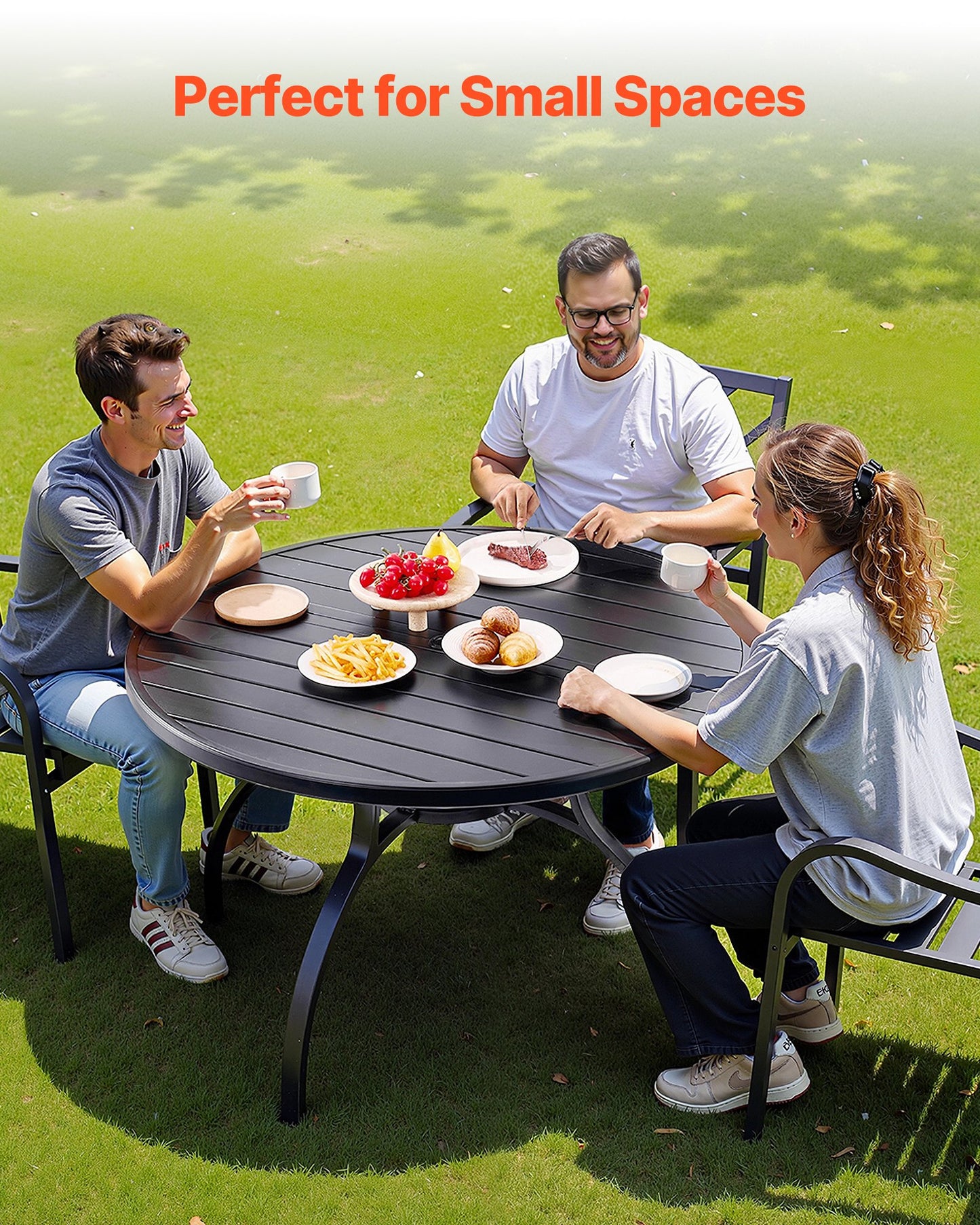 Outdoor Patio Dining Table, 120cm Round Metal Steel Slat Backyard Bistro Tables, with 38mm Umbrella Hole, Outside All-Weather Large Furniture for Lawn Garden Porch, Black