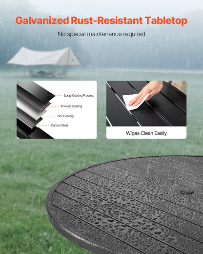 Outdoor Patio Dining Table, 120cm Round Metal Steel Slat Backyard Bistro Tables, with 38mm Umbrella Hole, Outside All-Weather Large Furniture for Lawn Garden Porch, Black