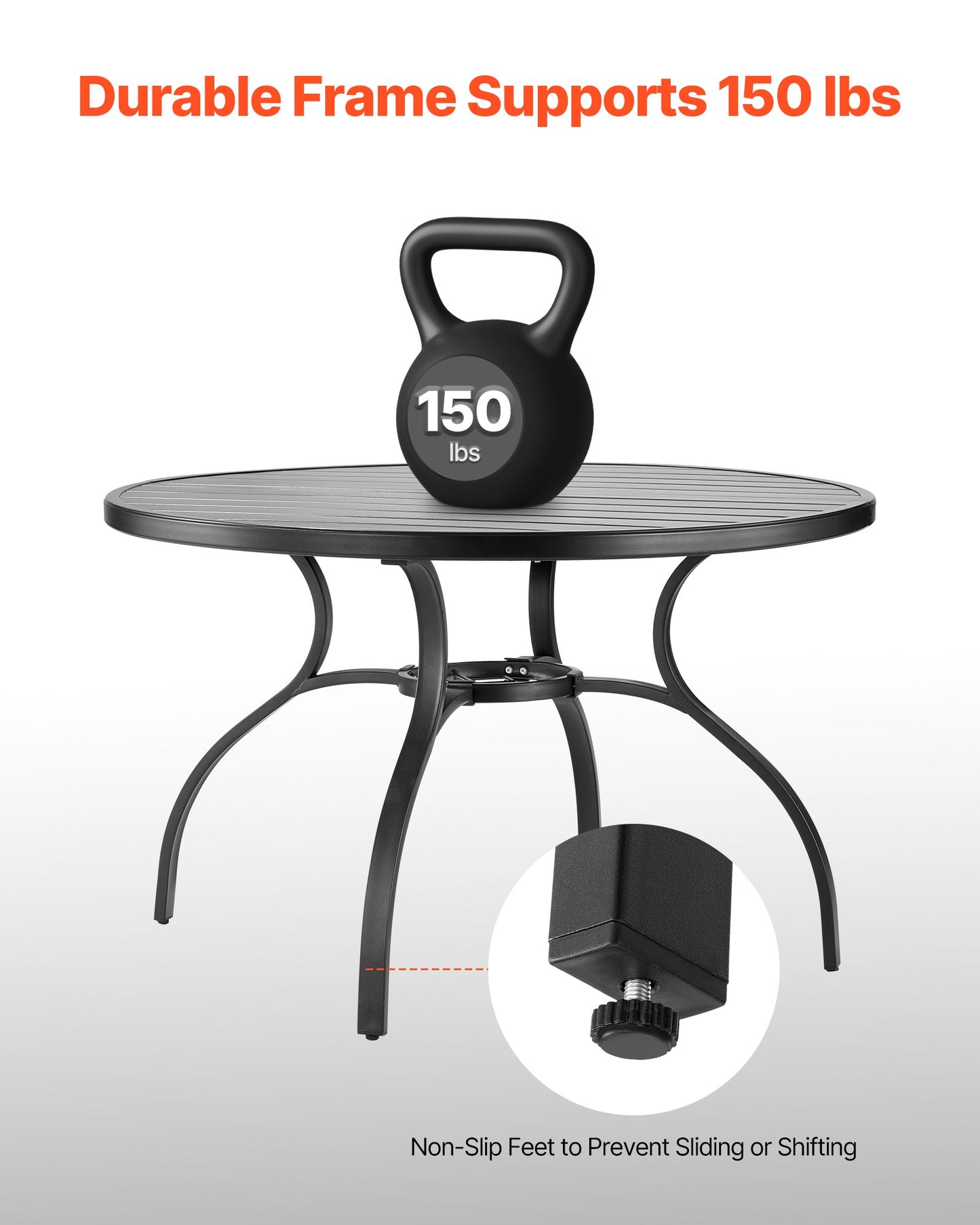 Outdoor Patio Dining Table, 120cm Round Metal Steel Slat Backyard Bistro Tables, with 38mm Umbrella Hole, Outside All-Weather Large Furniture for Lawn Garden Porch, Black