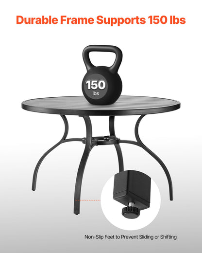 Outdoor Patio Dining Table, 120cm Round Metal Steel Slat Backyard Bistro Tables, with 38mm Umbrella Hole, Outside All-Weather Large Furniture for Lawn Garden Porch, Black