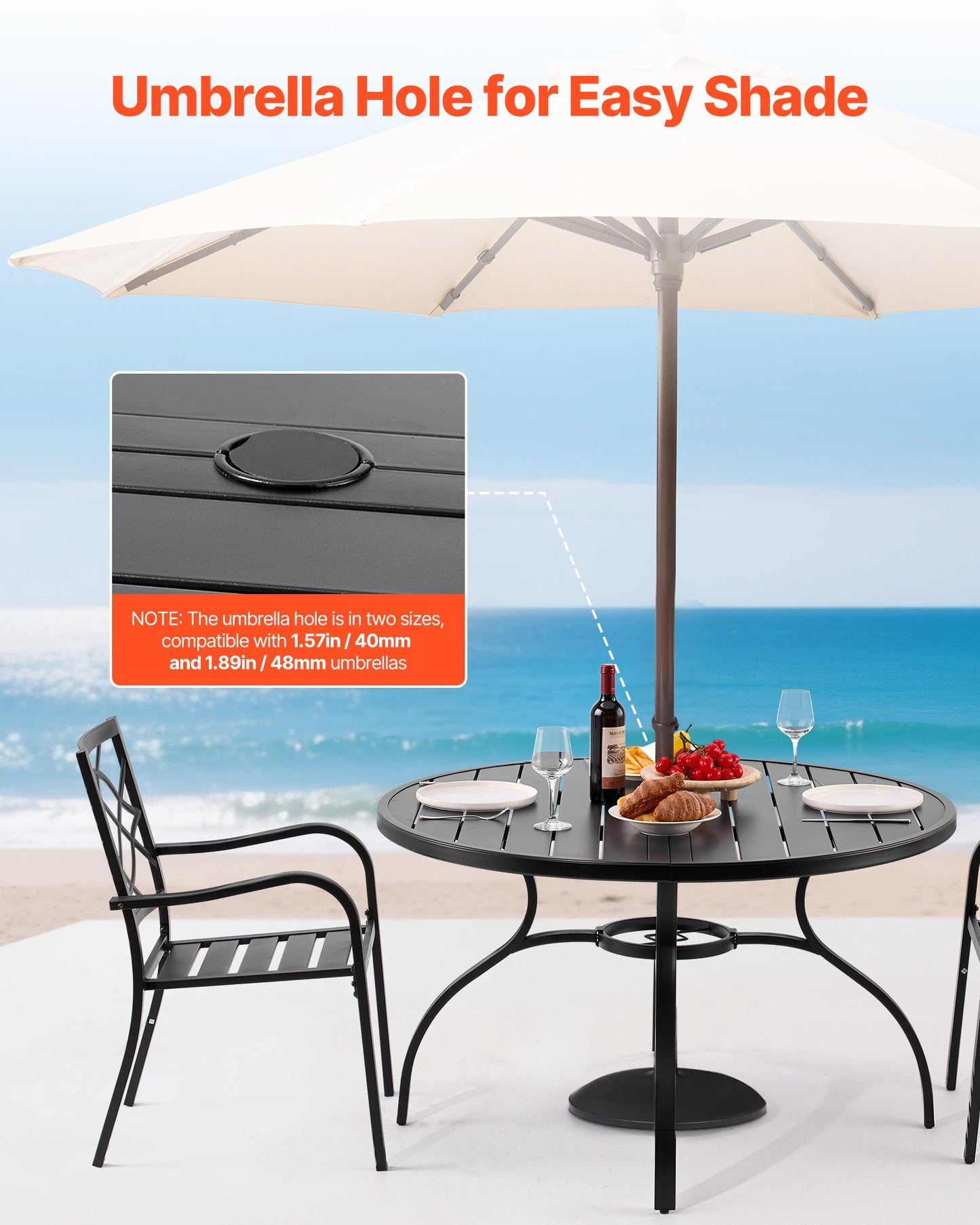 Outdoor Patio Dining Table, 120cm Round Metal Steel Slat Backyard Bistro Tables, with 38mm Umbrella Hole, Outside All-Weather Large Furniture for Lawn Garden Porch, Black