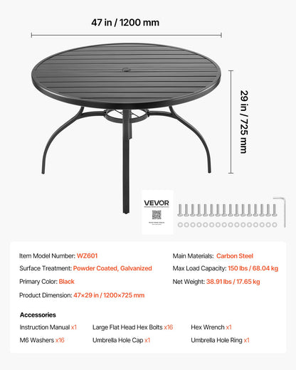 Outdoor Patio Dining Table, 120cm Round Metal Steel Slat Backyard Bistro Tables, with 38mm Umbrella Hole, Outside All-Weather Large Furniture for Lawn Garden Porch, Black