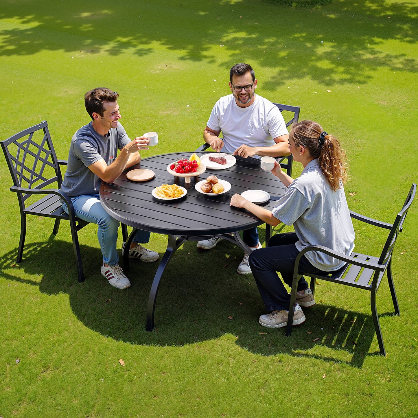 Outdoor Patio Dining Table, 120cm Round Metal Steel Slat Backyard Bistro Tables, with 38mm Umbrella Hole, Outside All-Weather Large Furniture for Lawn Garden Porch, Black