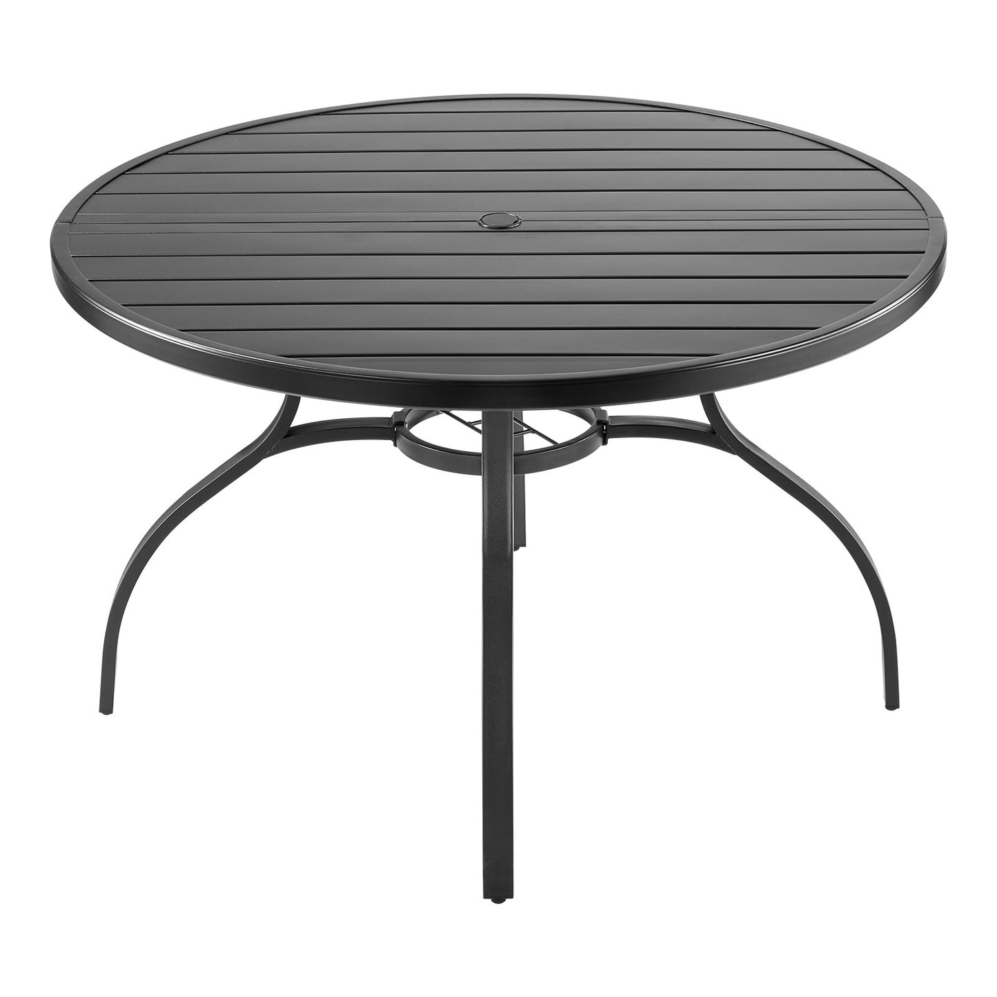 Outdoor Patio Dining Table, 120cm Round Metal Steel Slat Backyard Bistro Tables, with 38mm Umbrella Hole, Outside All-Weather Large Furniture for Lawn Garden Porch, Black