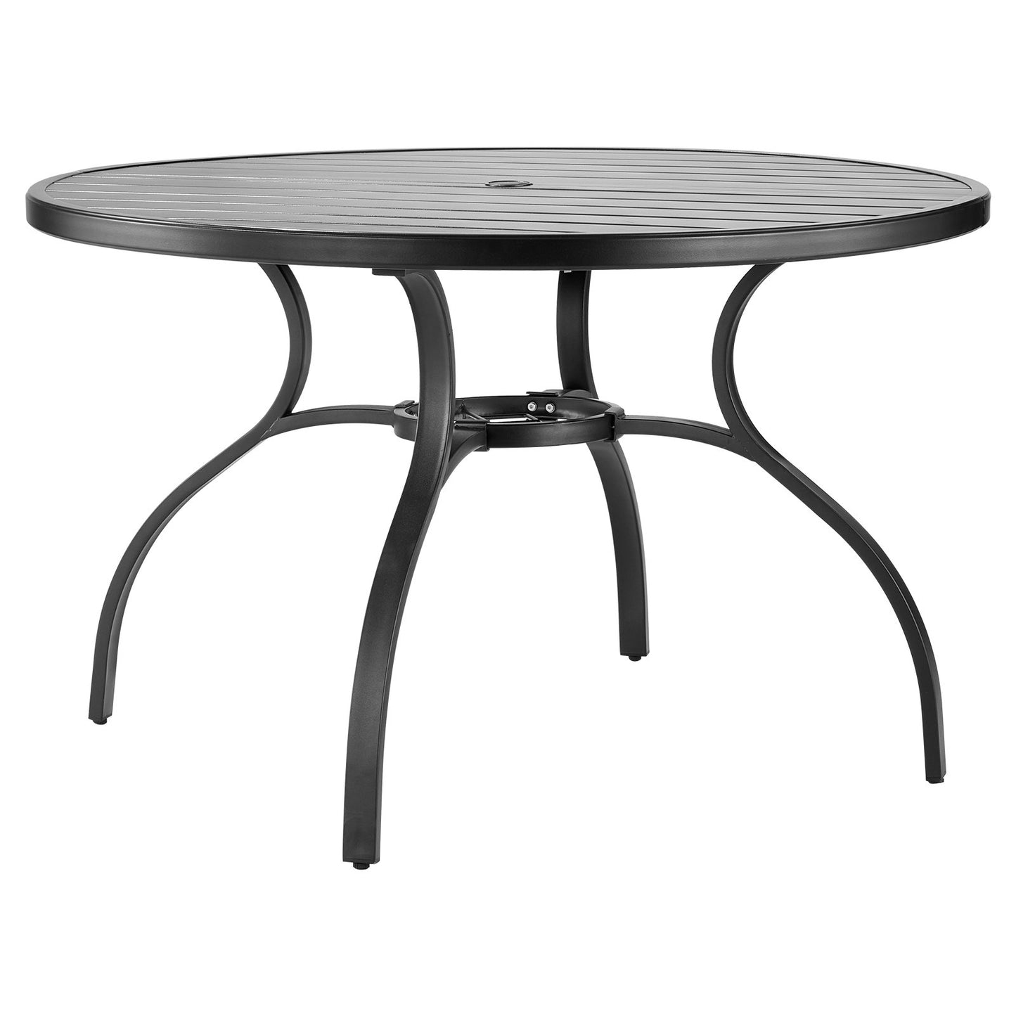 Outdoor Patio Dining Table, 120cm Round Metal Steel Slat Backyard Bistro Tables, with 38mm Umbrella Hole, Outside All-Weather Large Furniture for Lawn Garden Porch, Black