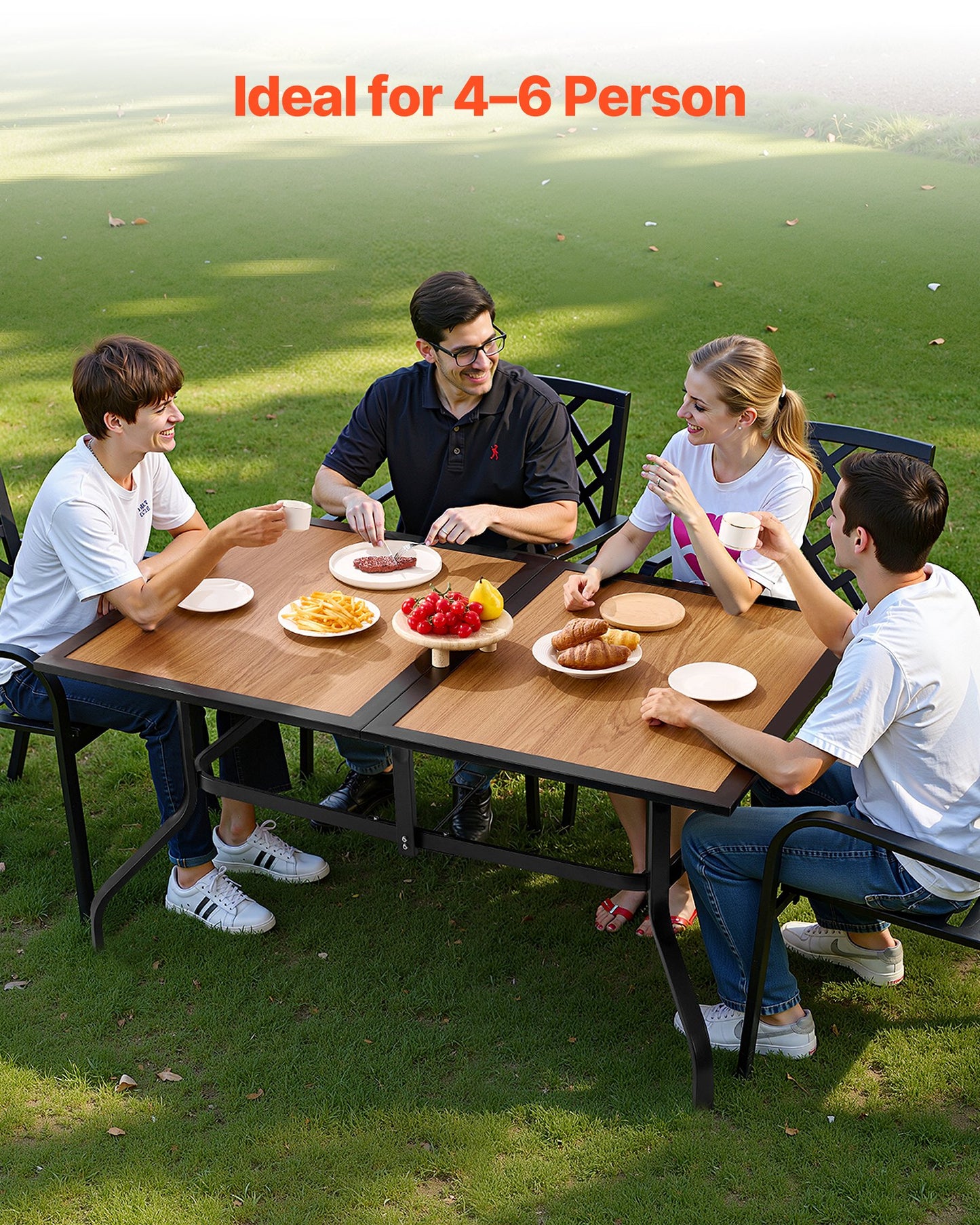 Outdoor Patio Dining Table, 150cm Long Rectangular Wood-Like Steel Slat Backyard Bistro Tables for 4-6, with 38mm Umbrella Hole, All-Weather Large Furniture for Lawn Garden Porch, Brown