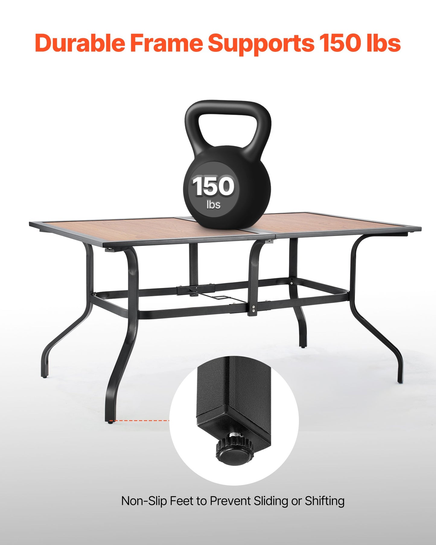 Outdoor Patio Dining Table, 150cm Long Rectangular Wood-Like Steel Slat Backyard Bistro Tables for 4-6, with 38mm Umbrella Hole, All-Weather Large Furniture for Lawn Garden Porch, Brown