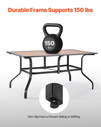 Outdoor Patio Dining Table, 150cm Long Rectangular Wood-Like Steel Slat Backyard Bistro Tables for 4-6, with 38mm Umbrella Hole, All-Weather Large Furniture for Lawn Garden Porch, Brown