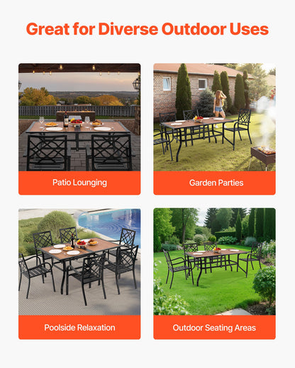 Outdoor Patio Dining Table, 150cm Long Rectangular Wood-Like Steel Slat Backyard Bistro Tables for 4-6, with 38mm Umbrella Hole, All-Weather Large Furniture for Lawn Garden Porch, Brown