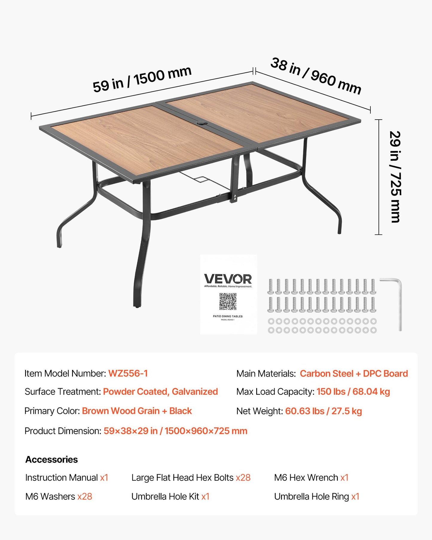 Outdoor Patio Dining Table, 150cm Long Rectangular Wood-Like Steel Slat Backyard Bistro Tables for 4-6, with 38mm Umbrella Hole, All-Weather Large Furniture for Lawn Garden Porch, Brown