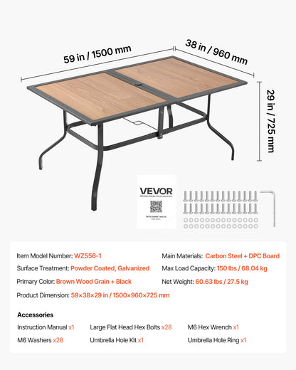 Outdoor Patio Dining Table, 150cm Long Rectangular Wood-Like Steel Slat Backyard Bistro Tables for 4-6, with 38mm Umbrella Hole, All-Weather Large Furniture for Lawn Garden Porch, Brown